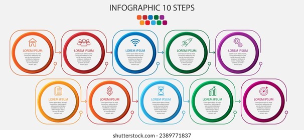 Vectorsimple Business Infografik Design 
Vorlage mit Farblinien, Symbolen, Zahlen und 
8 Optionen oder Schritte. Kann für Prozessdiagramme verwendet werden, 
Präsentationen, Workflow-Layouts, Banner, Flussdiagramme,