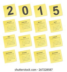 Vector simple calendar 2015 year on yellow stick notes. 