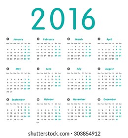 Vector simple calendar 2016 with moon phases, well arranged. Retro colored - blue-green. Eps 10 vector file. 