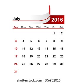 Vector simple calendar 2016 year July month.