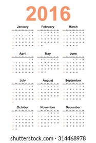 Vector simple calendar 2016 year.