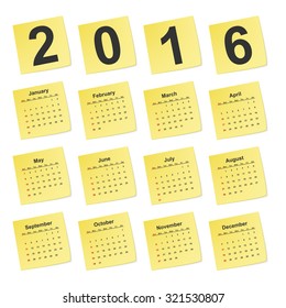 Vector simple calendar 2016 year on yellow stick notes. 