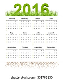 Vector simple calendar 2016 year. Grass style. 