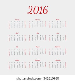 Vector simple calendar 2016. The yeat of monkey. Format eps10.
