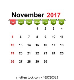 Vector simple calendar 2017 year november month.