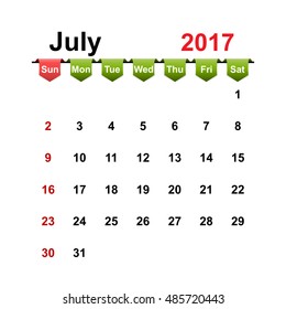 Vector simple calendar 2017 year july month.