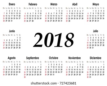 Vector simple calendar 2018 on spanish language. Week starts from Sunday.