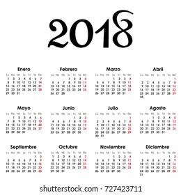 Vector simple calendar 2018 on spanish language. Week starts from Monday
