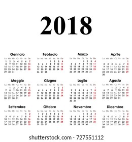 Vector simple calendar 2018 on italian language. Week starts from Monday
