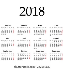 Vector simple calendar 2018 on german language. Week starts from Monday
