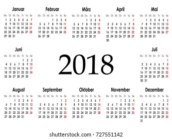 Vector simple calendar 2018 on german language. Week starts from Monday