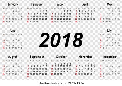 Vector simple calendar 2018. Week starts from Sunday.