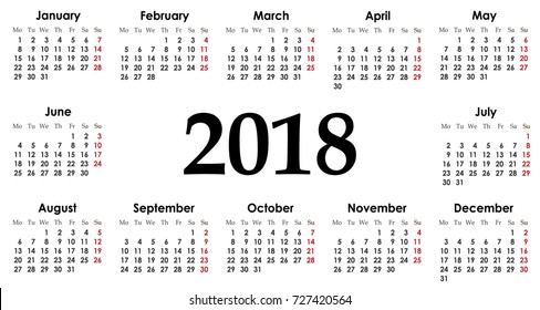 Vector simple calendar 2018. Week starts from Monday