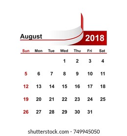 Vector simple calendar 2018 year august month.