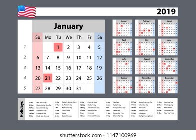 vector Simple calendar 2019 - one year at a glance - starts Monday with public holidays for the USA art