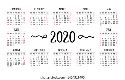 Vector simple calendar grid for 2020 on white background. Doodles decor. Template calendar grid with week starts Sunday.