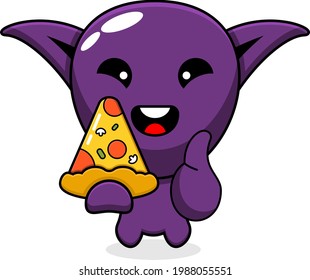 vector simple cartoon character purple goblin holding pizza triangle