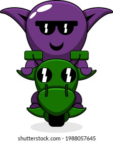 vector simple cartoon character purple goblin riding a motorcycle