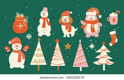 Vector simple cartoon Christmas characters snowman, Christmas tree, dog, sock, drink, snowflakes, penguin