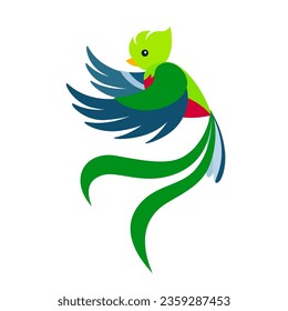 Vector simple cartoon flying quetzal bird, symbol of Guatemala isolated on white background. Children alphabet illustration for letter Q.