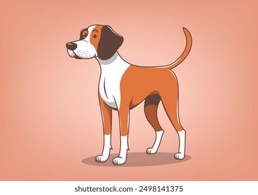 Vector simple cartoon funny caricature red and white lop-eared long-legged purebred dog. Hound, forest hunter. Friendly domestic pet.