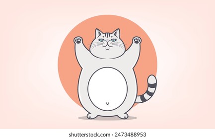 Vector simple cartoon gray fat chubby cheerful smiling cat with raised paws. Cute funny comical pet with a white belly. Graphic sticker.