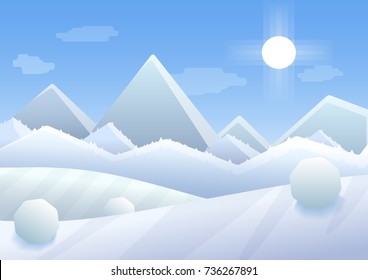 Vector Simple cartoon illustration of Winter Mountains landscape with trees and hills.