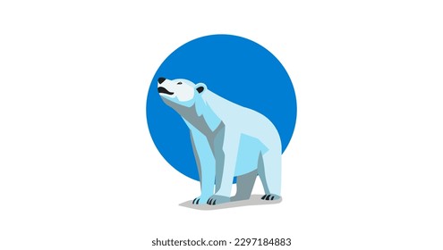 Vector simple cartoon polar bear on a blue circle background. Emblem, sticker or icon.