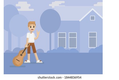Vector simple character with a guitar on the background of houses in lilac tones