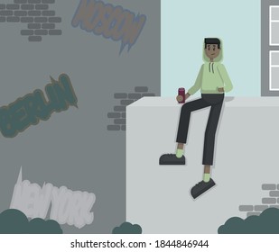 Vector simple character sitting on the wall with a can of soda in his hand on the background of a street with graffiti