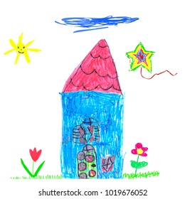 vector simple child crayon house drawing