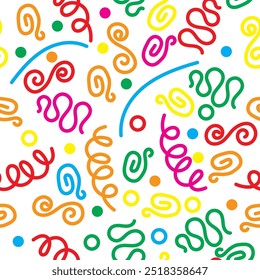 Vector Simple childish scribble backdrop. Colorful line doodle seamless pattern. Creative minimalist style art background for children or trendy design with basic shapes.