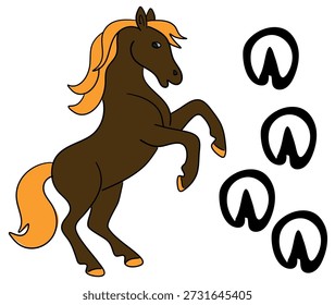 Vector simple children illustration ready to print: Wild horse and his hoofprints