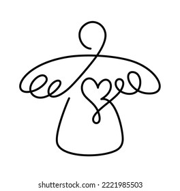 Vector simple Christmas angel and heart  continuous one line drawing  print for clothes   logo design  emblem silhouette one single line  isolated abstract illustration 