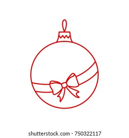 Vector simple Christmas tree ball with ribbon and bow. Line art design. Red Christmas tree ball toy