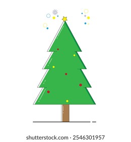 vector simple christmas tree with stars and lights in red and yellow