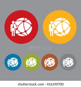 Vector : Simple Circle Businessman With Worldwide, Business Connection, Social Network, Global Communication Infographics Flat Icon, Sign