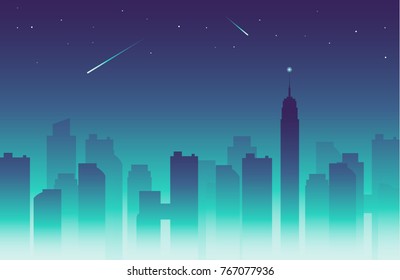 Vector simple city landscape with silhouettes of high buildings and blue sky with falling stars - seamless background