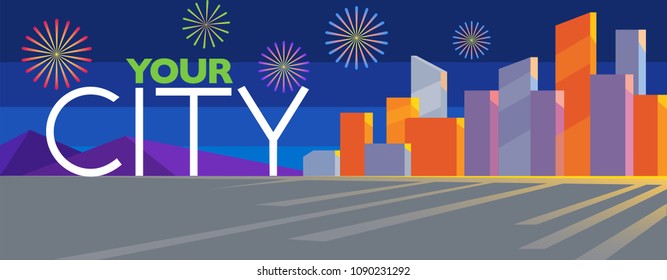 Vector Simple city night silhouette building firework bright colorful