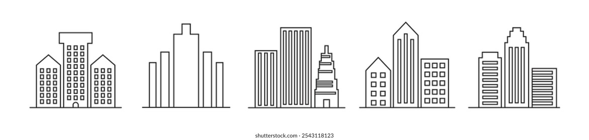 Vector Simple City Silhouette Icon Set In Outline Style