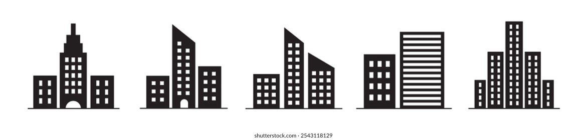 Icono de la silueta de la ciudad simple del Vector fijado en estilo múltiple