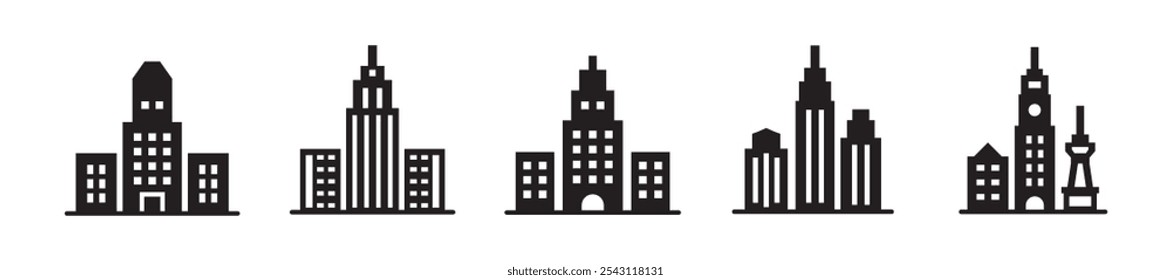 Vector Simple City Silhouette Icon Set In Multiple Style