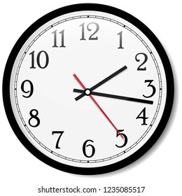 Vector simple classic black and white round wall clock isolated on white. Clock with arabic numerals on wall shows 15 minutes past two