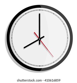 Vector simple classic black and white round wall clock isolated on white. Clock on wall shows eight o'clock 