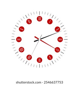 Vector simple classic Clock face blank with roman numerals. Isolated on a white background. Equipment timer measurement. Time clock numbers. Watch face