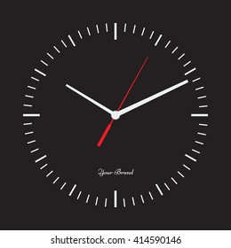 Vector simple classic clock icon without numbers. Clock with solid and flat color design. Isolated solid black background. Place your logo.