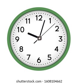 Vector simple classic green round wall clock isolated on white.