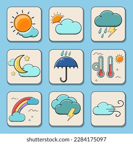 Vector simple color flat icons set. Hand drawn. forecast design elements isolated on white background. sun, clouds, flakes, storms, wind, rain