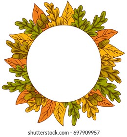 vector simple color illustration of decorative autumn oak leaves and acorn