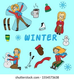 Vector simple colored pattern on winter holiday season and Christmas eve festive chores with abstract people in snowy background